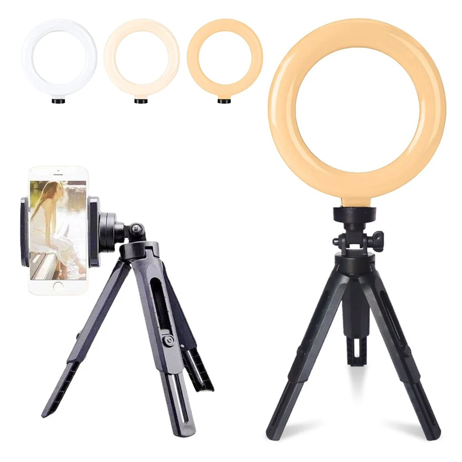 

16cm 6inch LED Photography Video Light Ring Lighting Photo Studio Lamp Kit For Shoot Live Streaming With Phone Clip Tripod Stand