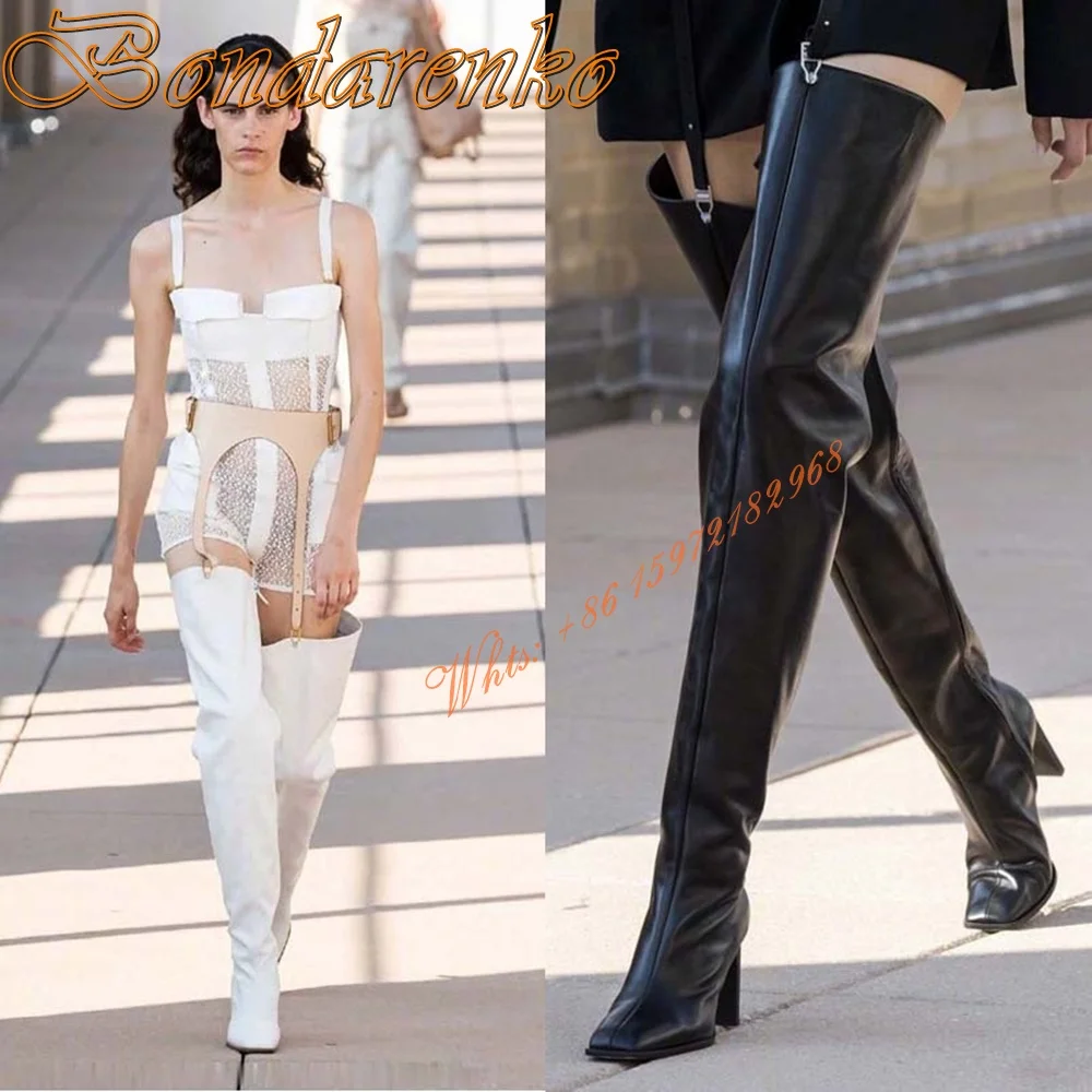 Купи Belt Buckle Square Toe Boots Solid Leather Chunky High Heels Sexy Pants Thigh High Boots Side Zipper Women Party Runway Shoes за 6,320 рублей в магазине AliExpress