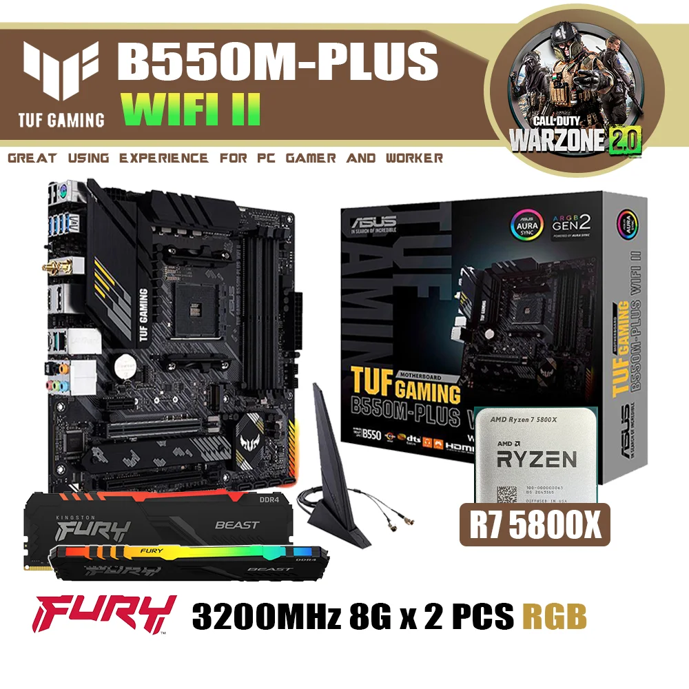 

NEW Kit ASUS TUF GAMING B550M-PLUS (WIFI) II AM4 Motherboard With AMD Ryzen 7 5800X Processor Fury DDR4 3200MHz 8G x2 RGB Memory
