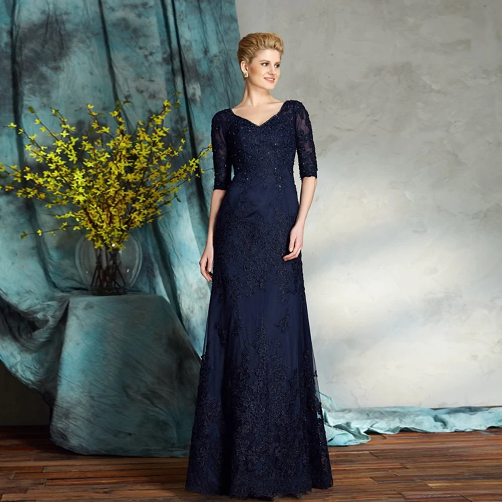 

Dark Navy Mother of the Bride Dresses V Neck Half Sleeves Wedding Party Gowns Appliques Sequined Floor-Length فساتين السهرة
