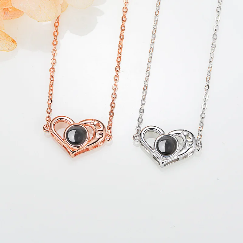 S925 Silver Heart Customized with Photos Projection Necklace 100 Languages I Love You Jewelry For Women Birthday Memory Gift