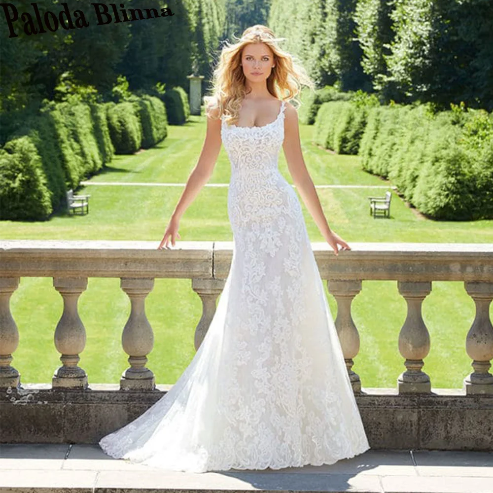 

Paloda Elegant Appliques Backless Wedding Dresses For Bride Button Sleeveless Square Collar Court Train Spaghetti Straps
