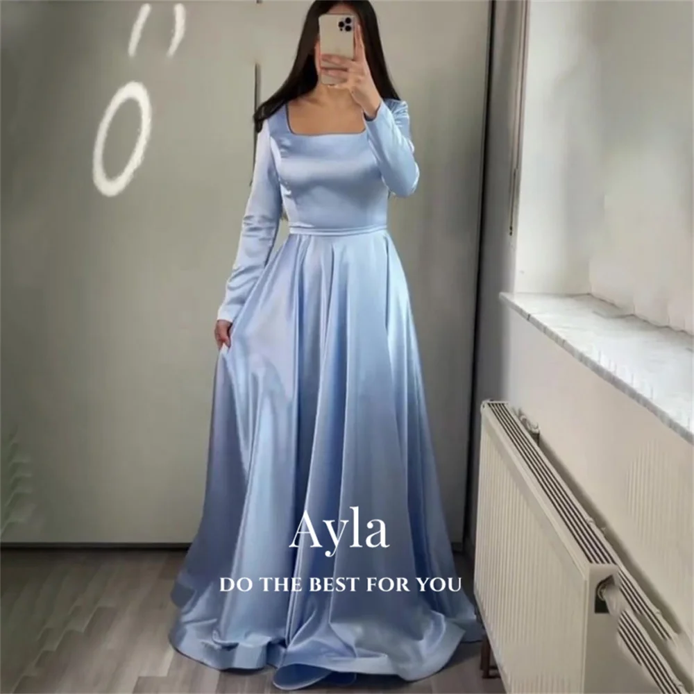 

Custom Colors Satin A Line Prom Dress Modern Square Neck Evening Dress Long Sleeves Party Dress vestidos elegantes para mujer