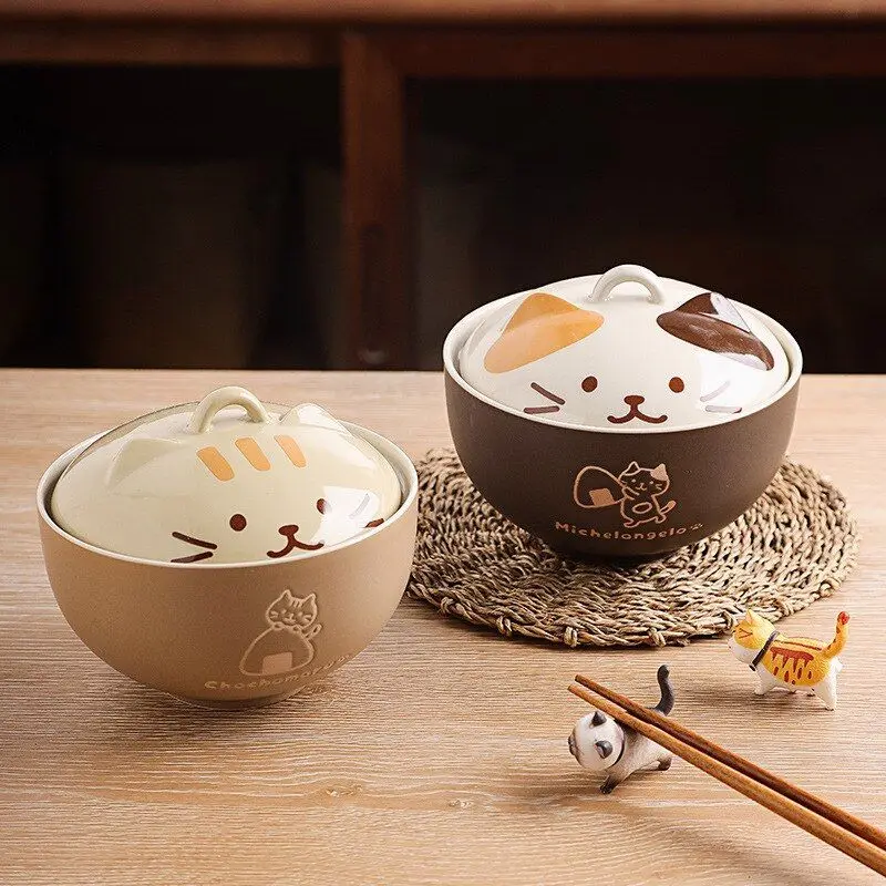 

Japanese Instant Noodle Ramen Salad Bowls Tableware Cute Cat Cover Ceramic Bowl Kawaii Soup Bowl Baby Child Cartoon Dinnerware