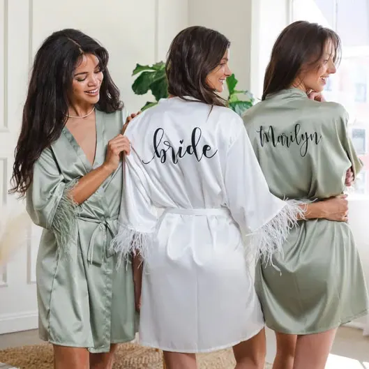 Custom Feather Silk Robes Wedding Dressing Gown Personalized Bride Kimono Bridesmaid Gift Satin Robes Bachelorette Party Dresses