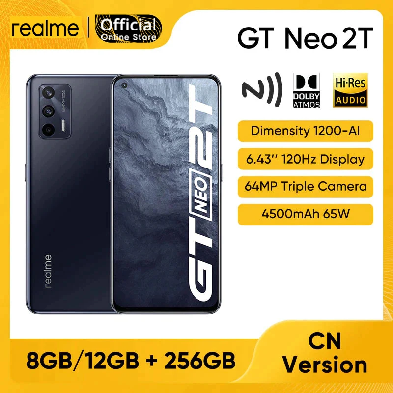 realme GT Neo 2T 5G Smartphone 6.43'' 120Hz Display Dimensity 1200-AI 64MP AI Triple Cameras 4500mAh 65W NFC Liquid Cool Mobile