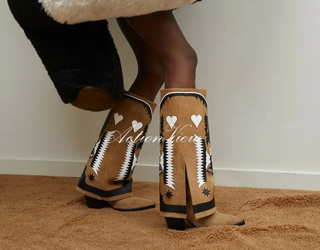 

2022 Real Leather Ethnic Totem Embroider Women Cowboy Mid Calf Boots Turned-over Edge Pointed Toe High Heels Lady Long Boots