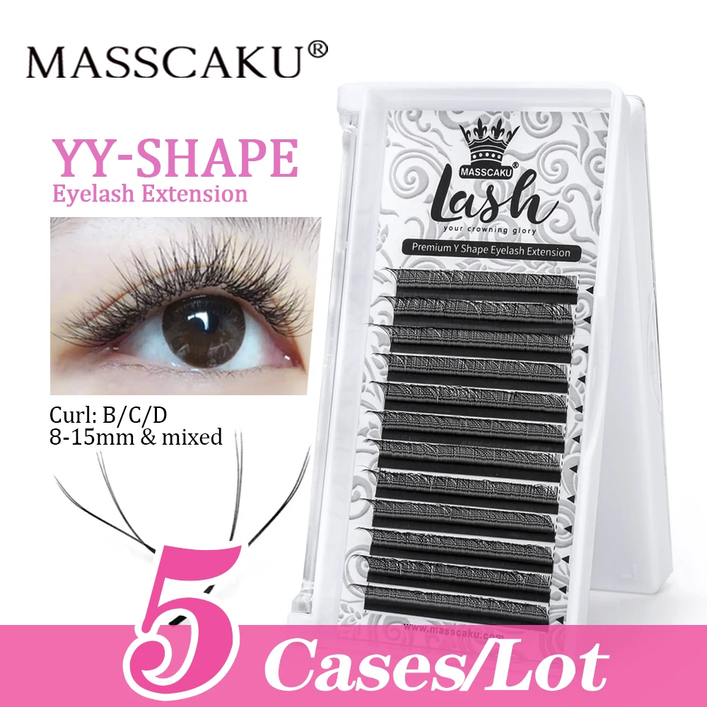 5case/lot MASSCAKU Y Shape Eyelash Extension Faux Mink W Style Natural Easy to Graft Russian Volume Fans Lash Extensions