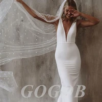 gogob sexy mermaid soft satin r116 wedding dress with removable sweep train simple long cape backless v neck