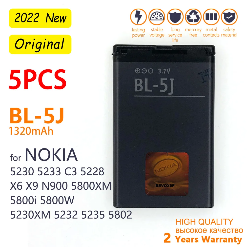 

5PCS BL-5J BL5J BL 5J Phone Battery For Nokia 5230 5233 5235 5800 3020 XpressMusic N900 C3 Lumia 520 525 530 5228 5900 Battery