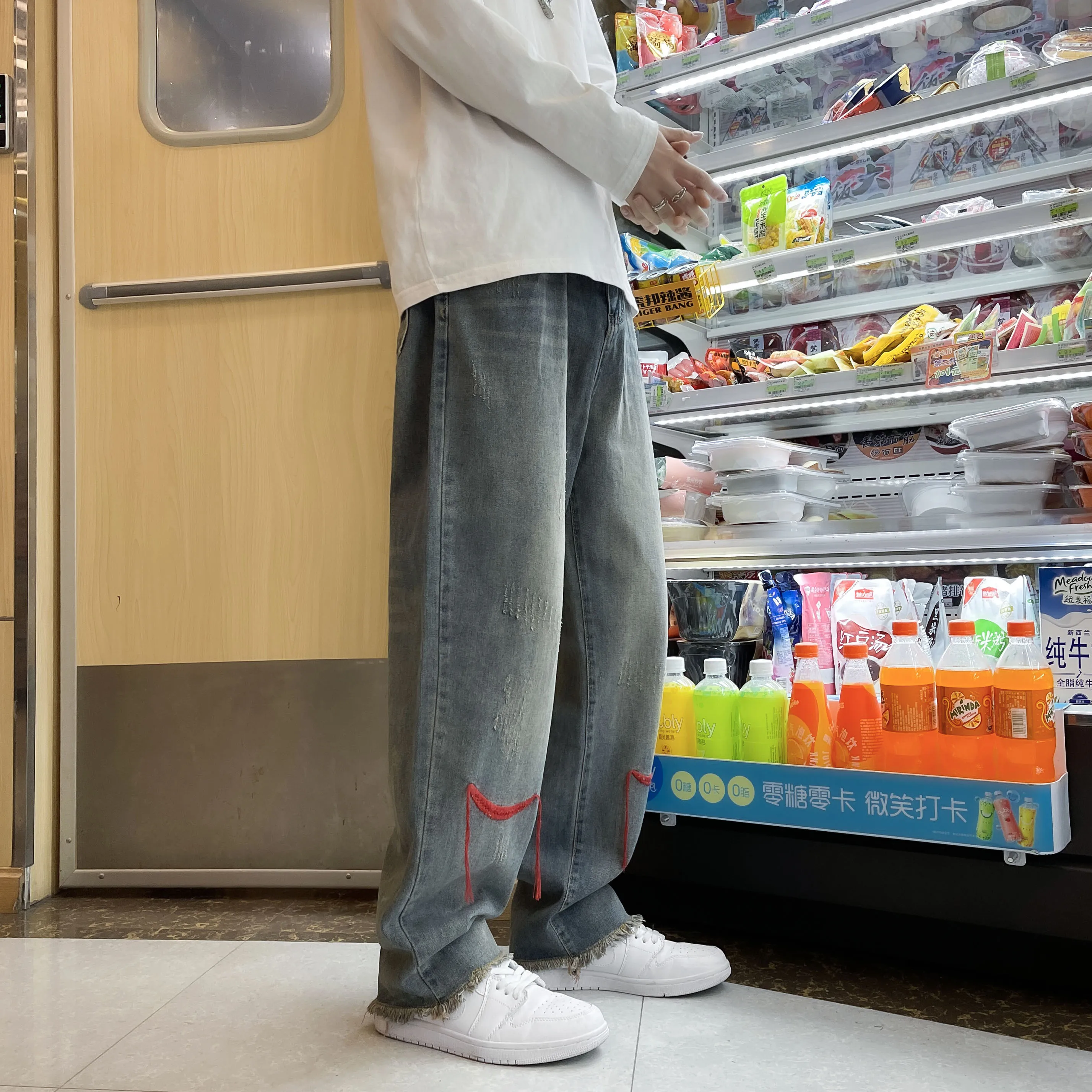 Four Seasons Y2K Men Fashion Grey Street Embroidery Loose Jeans Straight Hip Hop Pants Male Clothes