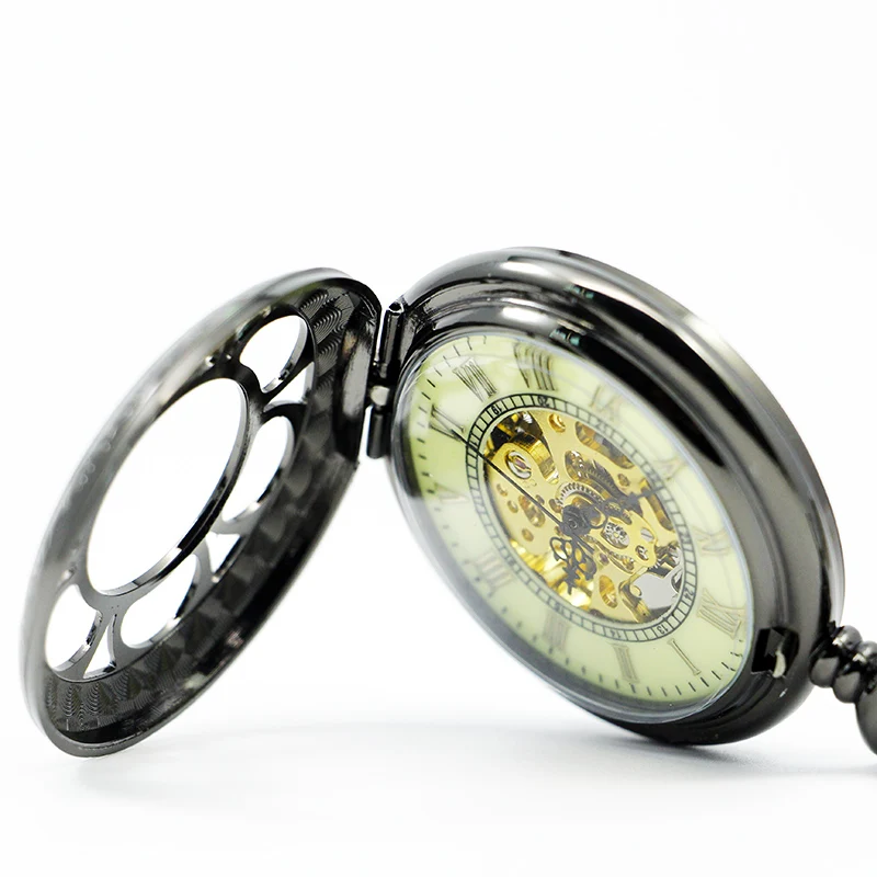 Exquise Black Dial Watch Pendant Hollow Mechanical Pocket&Fob Watches Roman Numerals Retro Watch Souvenir Gift for Men Women