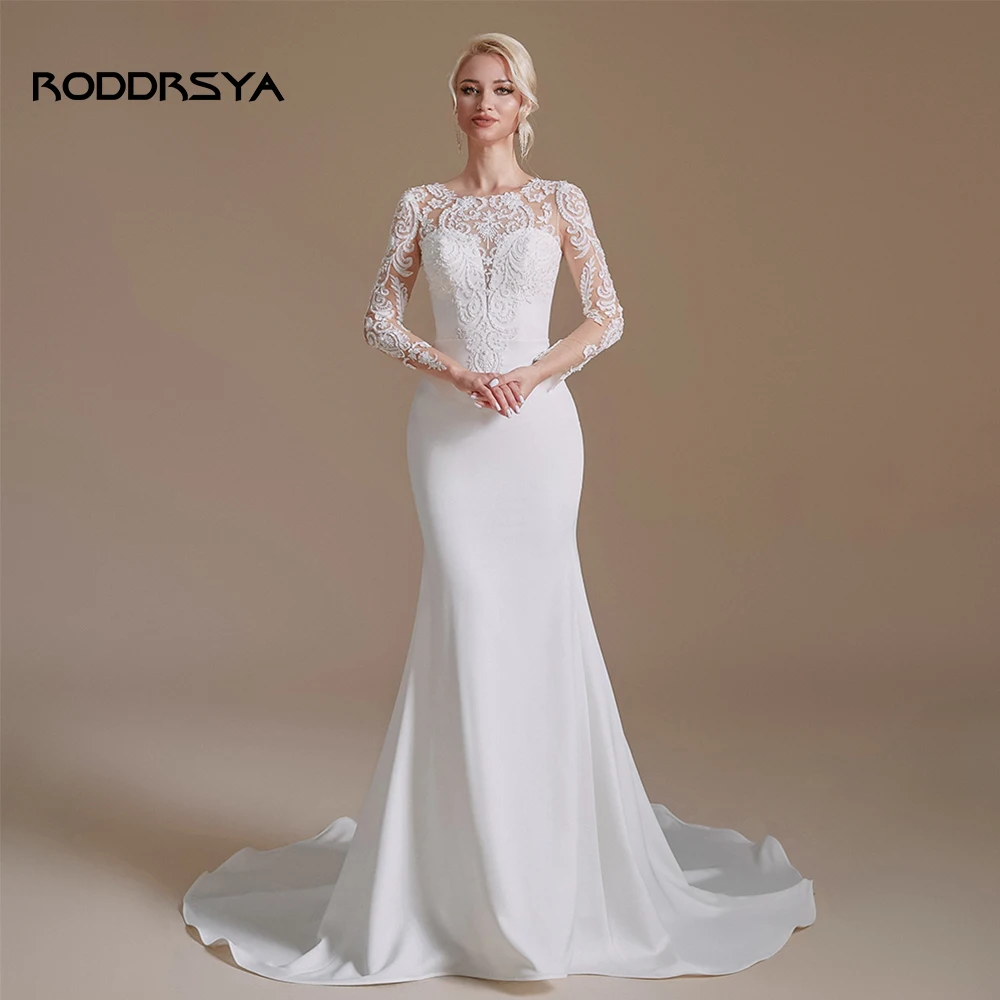 

RODDRSYA Boho Wedding Dresses 2023 For Women Long Sleeves Mermaid Lace Appliques Scoop Neck Sweep Train Bride Gown With Button
