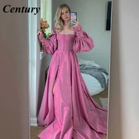 century elegant pink prom dresses bishop sleeves high slit taffeta evening dress sweetheart a line long party gowns with buttons