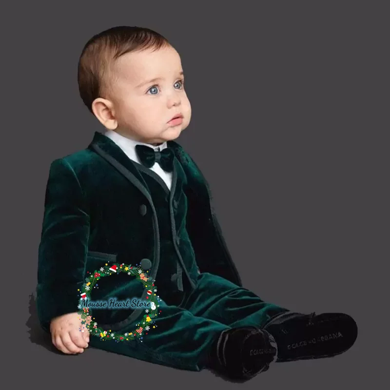 Velvet Boys Suits Set Dark Green For Wedding Kids Jacket Vest Pants 3 Piece Formal Kids Conjuntos De Blazer Tuxedo