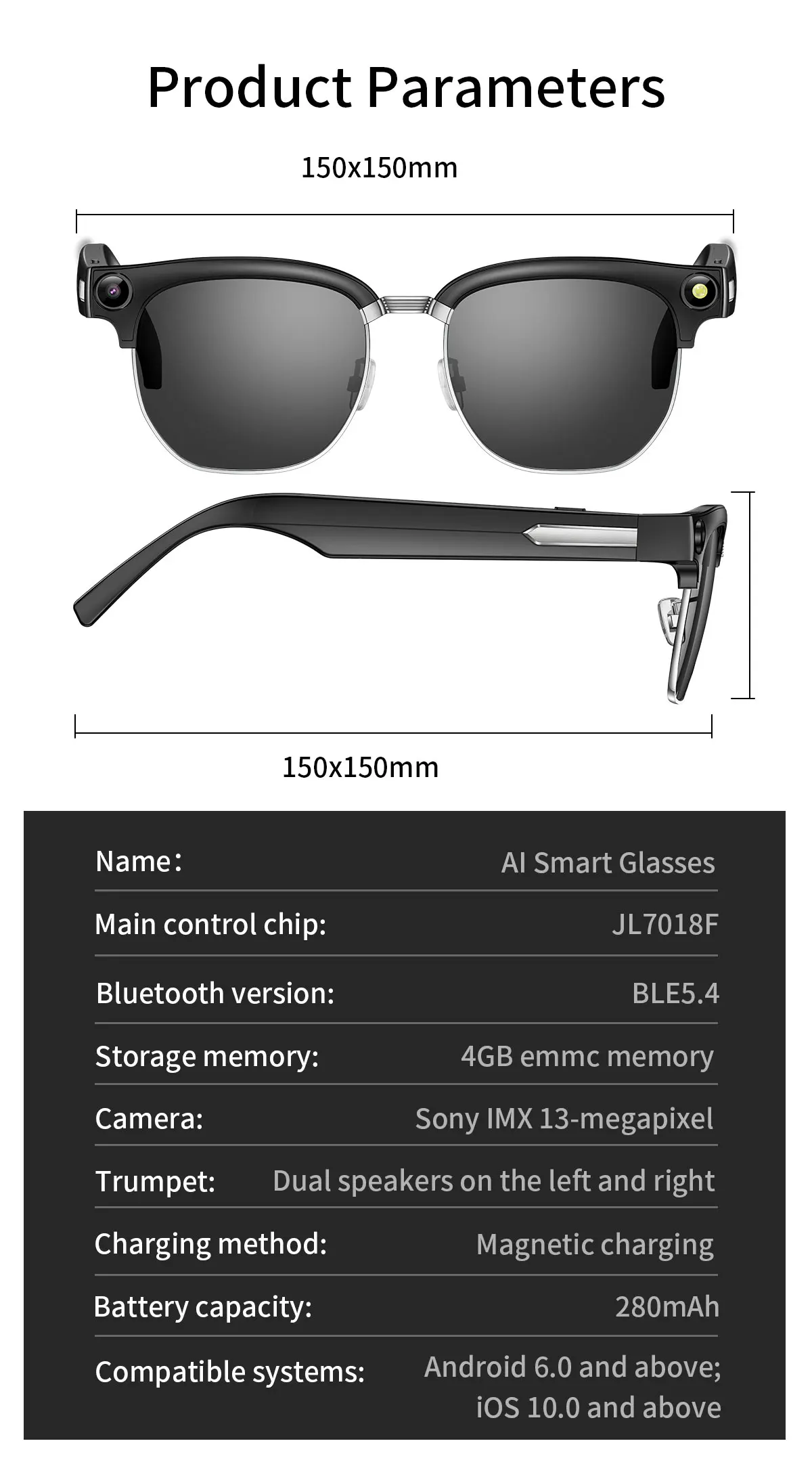 Фото Умные очки QINO AI с камерой 4K, голосовым помощником ChatGPT, Bluetooth-звонками, AI-переводом, аудиосистемой Open Ear, камерой 13 МП, IP54 №2