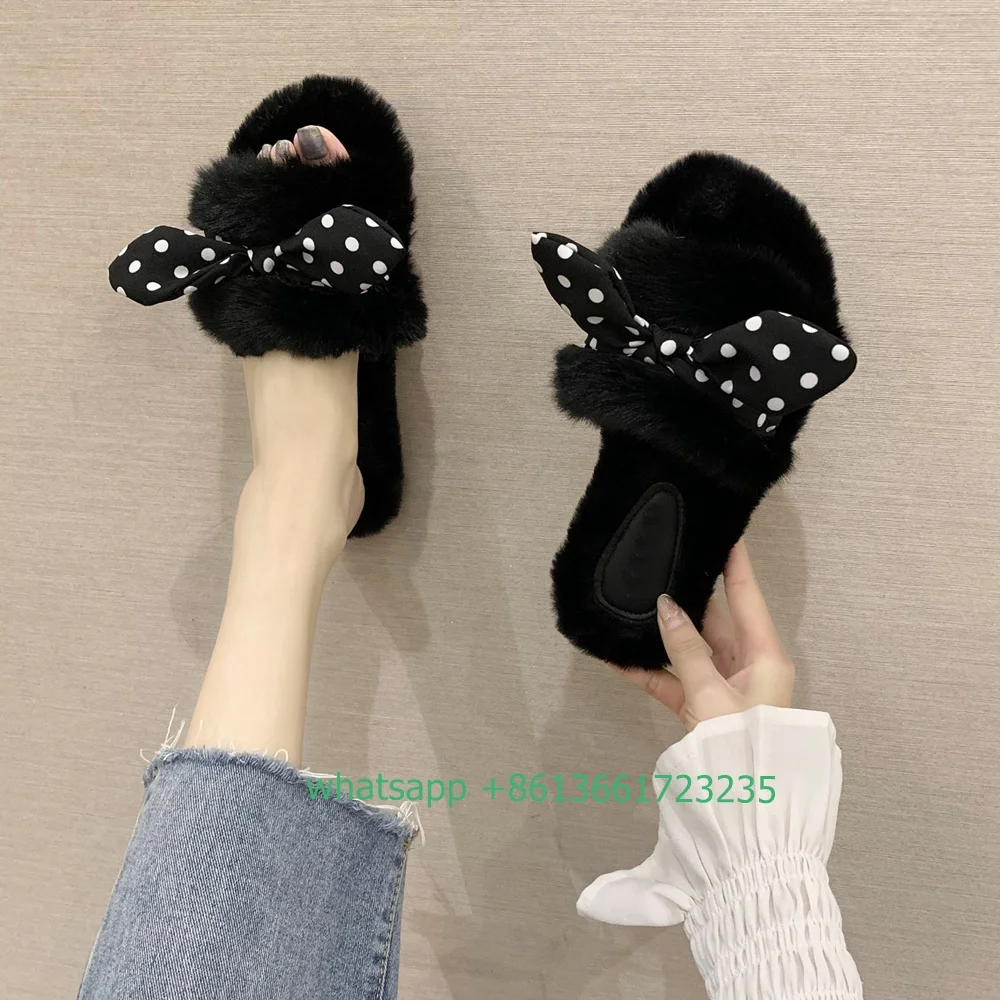 

Butterfly Knot Slip On Slippers Fur Suede Women Fashion Indoor Winter Slippers Flat 2023 Autumn/Winter New Suede Cotton Slippers