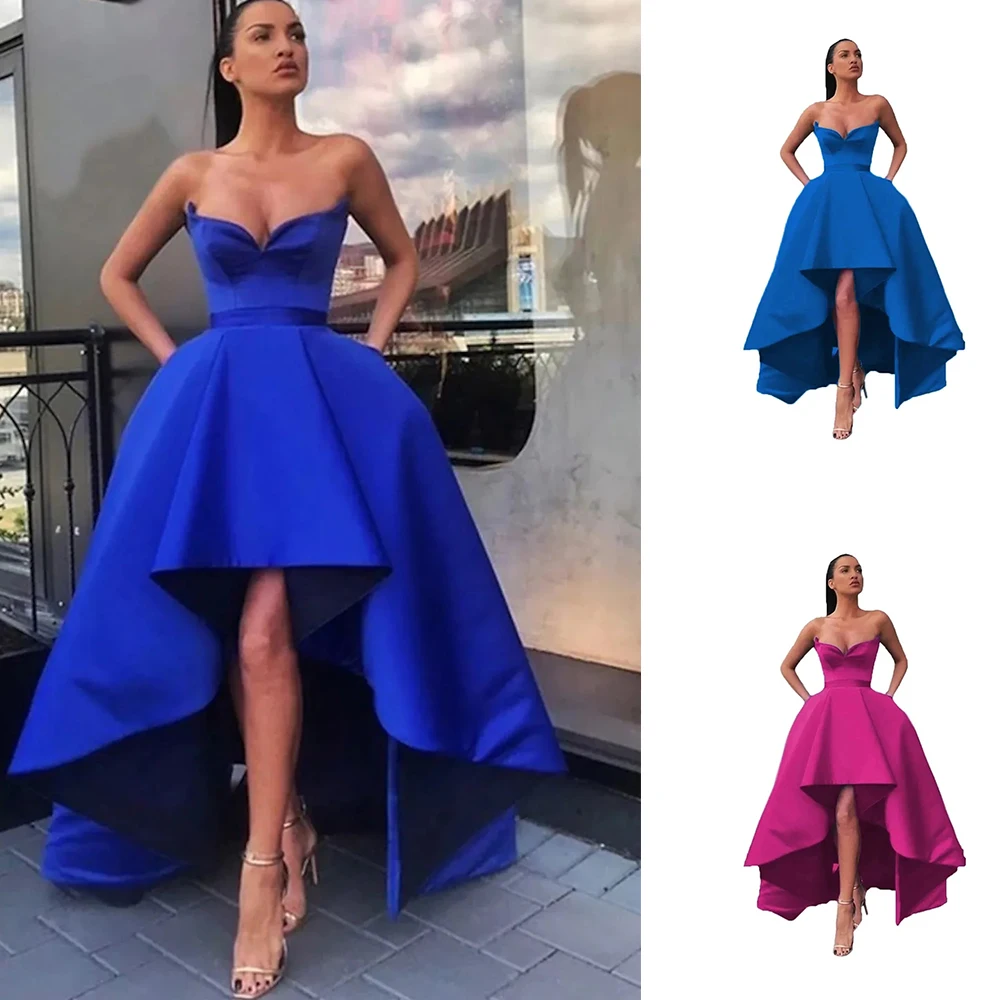 

Blue Party Dresses A Line Elegant Asymmetrical Off Shoulder Prom Gown Sleeveless Satin With Sleek Pleats Formal Cocktail Dresses