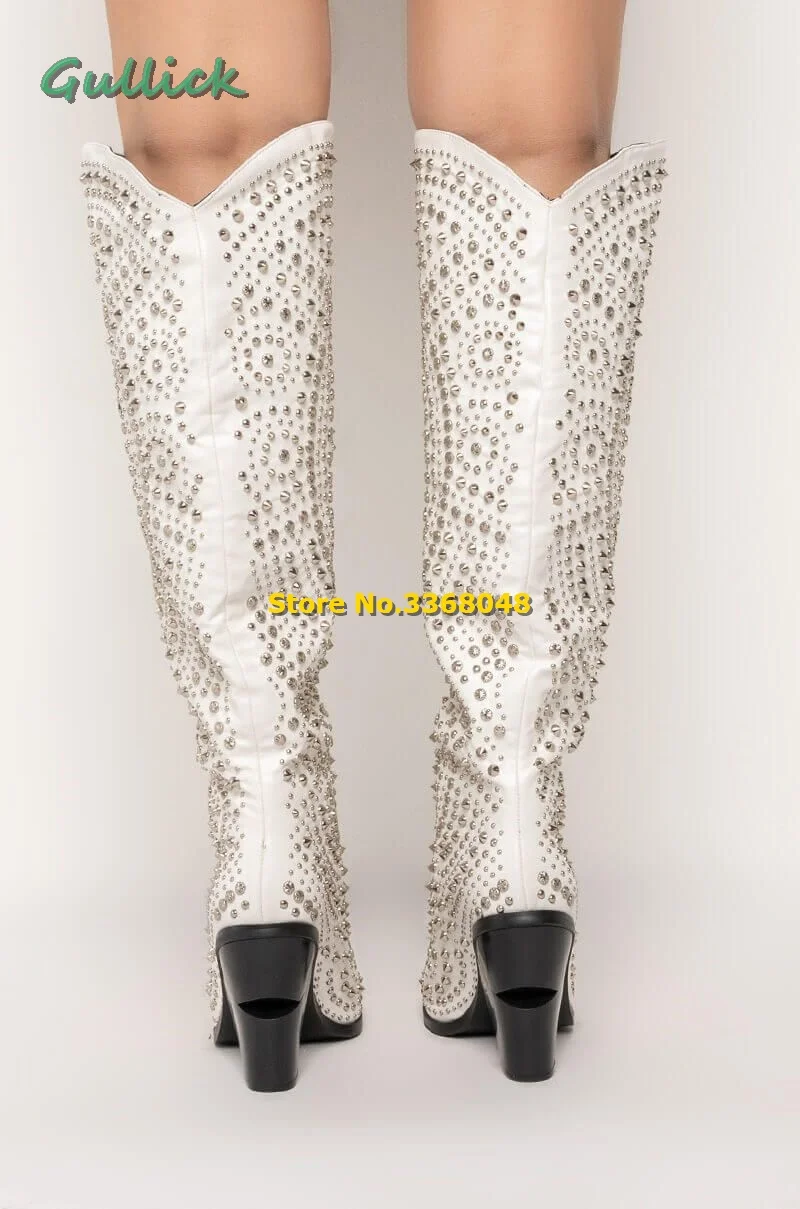 West Chunky Cowboy Boot Studded Pointy Toe Block Heel Knee High Crystal Handmade Winter Boots White Slip On Women Fashion Shoes