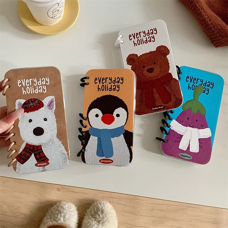 Cartoon Animal Coil Laptop Penguin cover for iPhone 16Pro 15Pro 14 Pro 13 Max Cute Bear clamshell acrylic card phone case