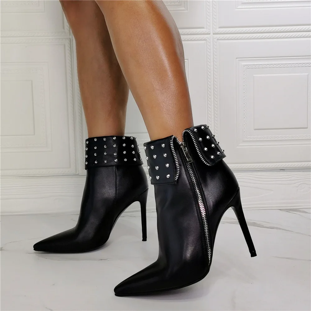 

Rivet Zipper Short Boots Ankle High Fine Heel Women Shoes Pointed Toe Fashion Black Outdoor Botas Femininas Fall