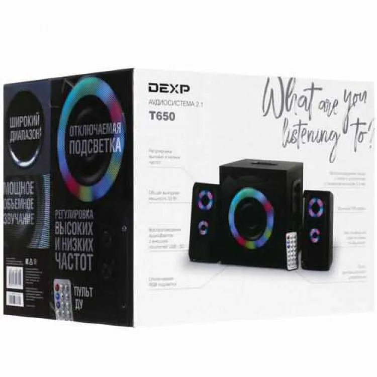 Колонки 2.1 DEXP T650 52 Вт BT/USB/FM Модель: DEXP T650 Мощность: 52 Вт Мощность