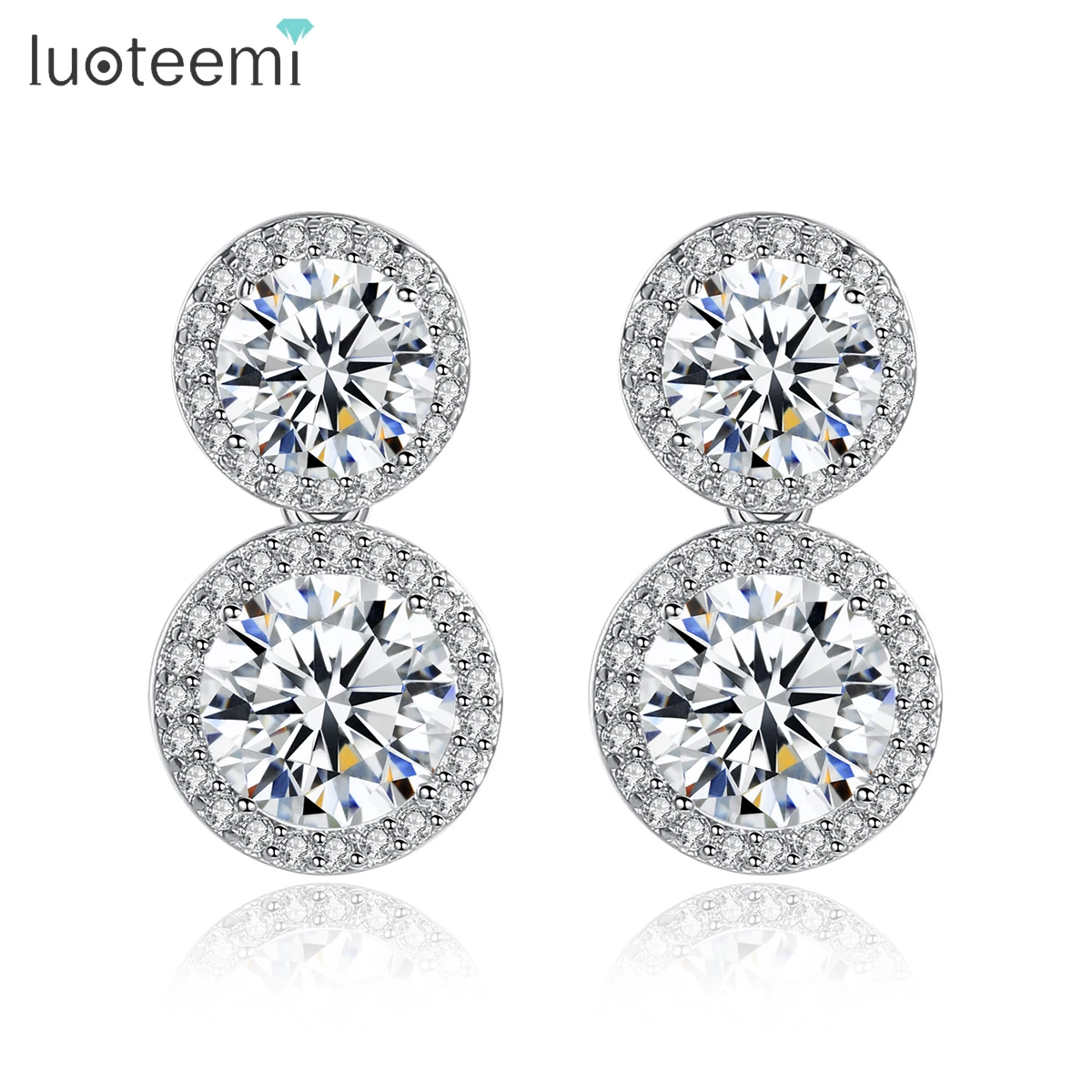 

LUOTEEMI Fashion Korea Sparkling Pink White CZ Double Round Cute Earrings for Party Dress Fashion CZ Crystal Jewerly Present