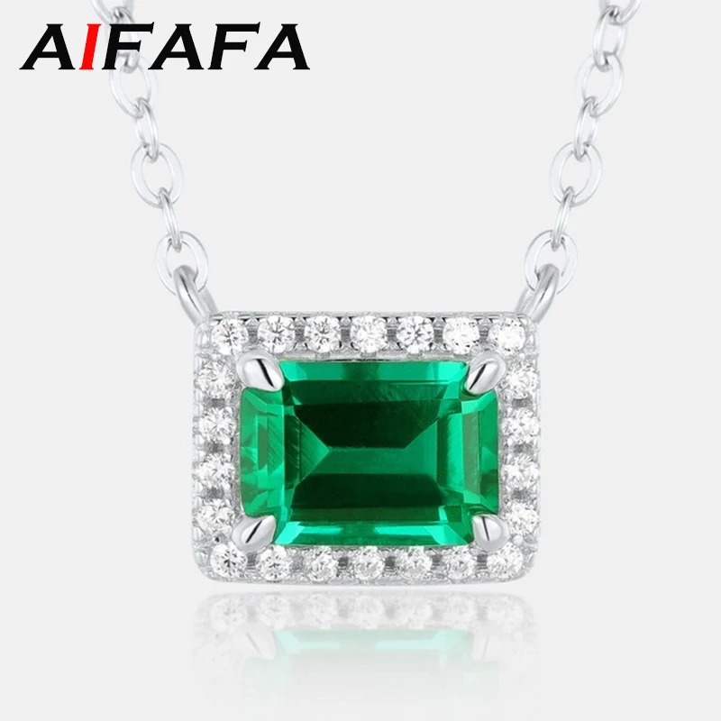 AIFAFA 100% S925 Sterling Silver Emerald Women Necklace Top Grade Beryl Pendant Gemstone Wedding Fine Jewelry Wholesale