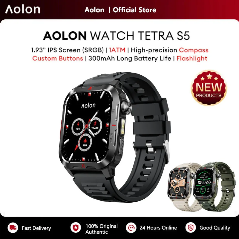 Фото Смарт-часы Aolon Tetra S5 для мужчин, военный стандарт, 1,93-дюймовый HD-дисплей, компас, фонарик, IP68, водонепроницаемый фитнес-трекер для активного отдыха №1