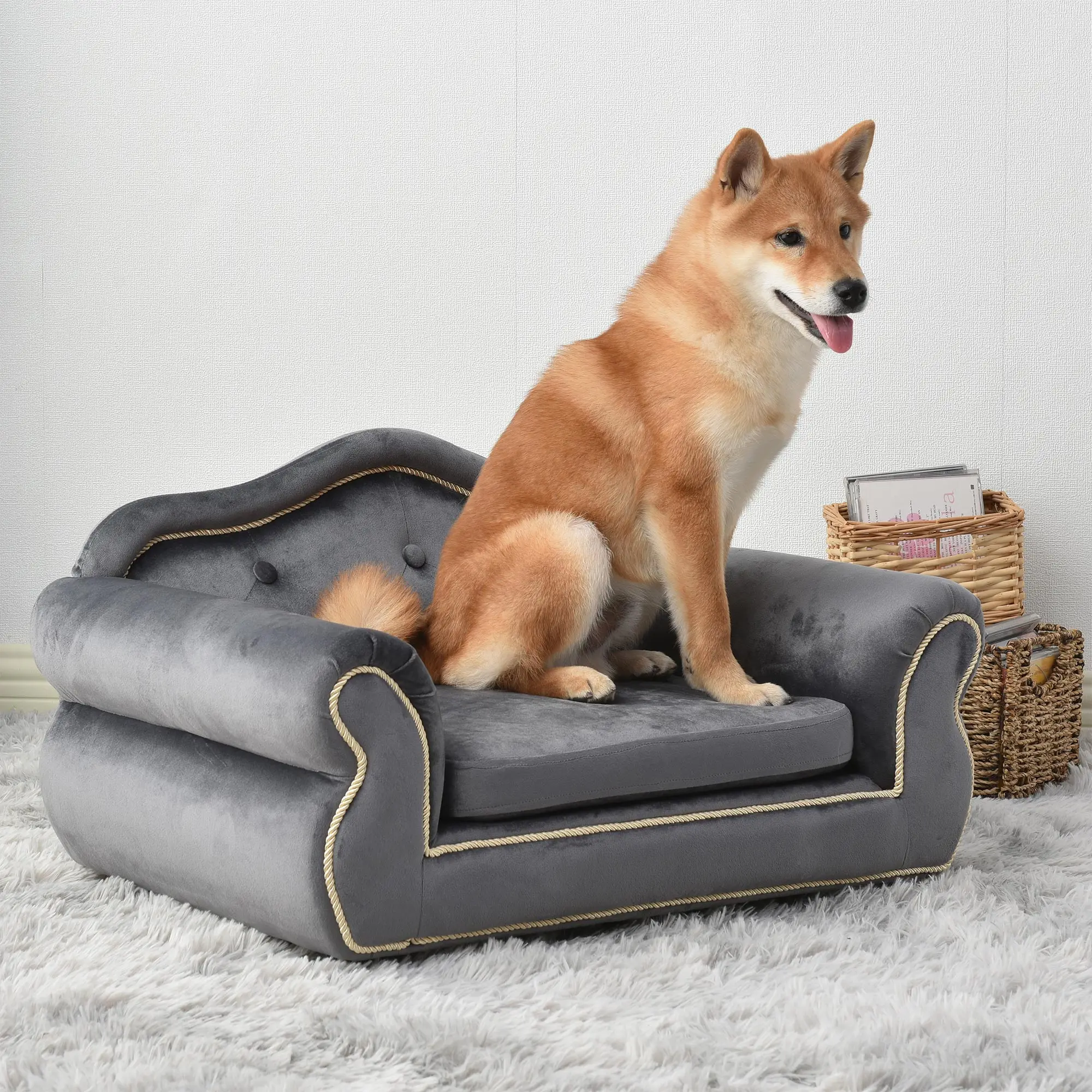 

27" Pet Sofa, Dog sofa, Dog bed, Cat Sofa, Cat Bed, Wooden Frame And Velvet with Buttons And Beige Rope Lines