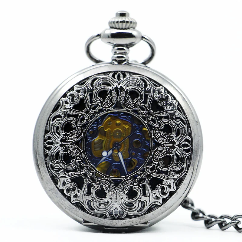 Antique Mechanical Pocket Watch Hollow Black Dial Hand-Winding Men Pendant Collection Fob Chain Watch Skeleton Steampunk Clock