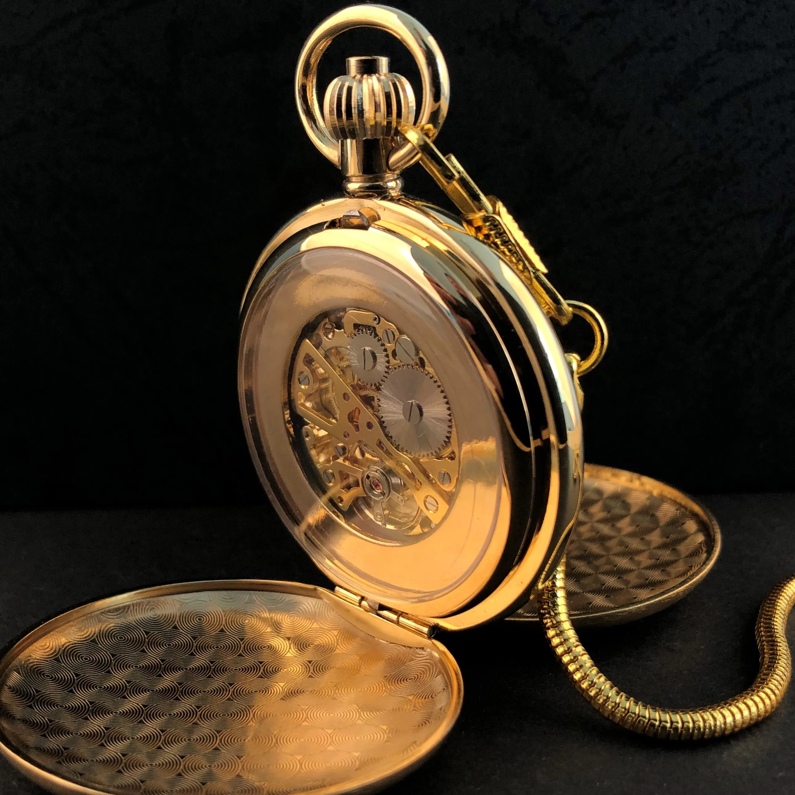 Vintage Gold 2 Sides Open Case Pocket Watch Mechanical Hand-winding Mens Women Pocket Watches Pendant with Chain Clock