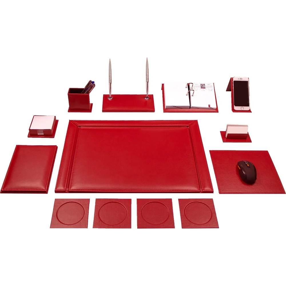 Office Business Leather Desk Organizer Desk Mouse Pad Mat RED FULL SET