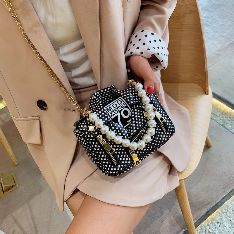 

Designer Women Messenger Bags Dot Mini Jacket Bag Lady Shoulder Bag Pearl Handle Chain Crossbody Bags Sac A Main Femme De Marque