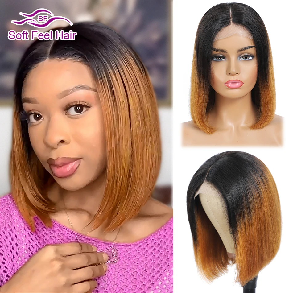 

Soft Feel Hair Short Bob T Part Lace Closure Wigs Ombre T30 Human Hair Wigs For Women Honey Brown Straight Bob 4X1 Lace Part Wig