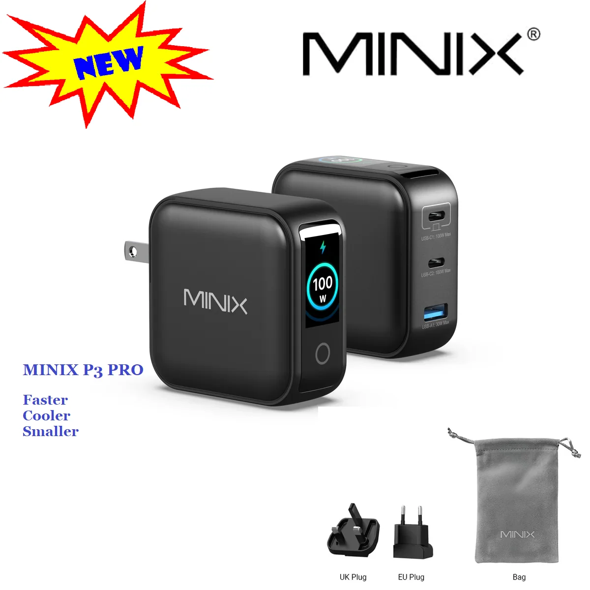 Фото Зарядное устройство MINIX P3 Pro 100W GaN USB, дорожный адаптер с несколькими разъемами для Macbook, iPhone, Samsung, с дисплеем №1