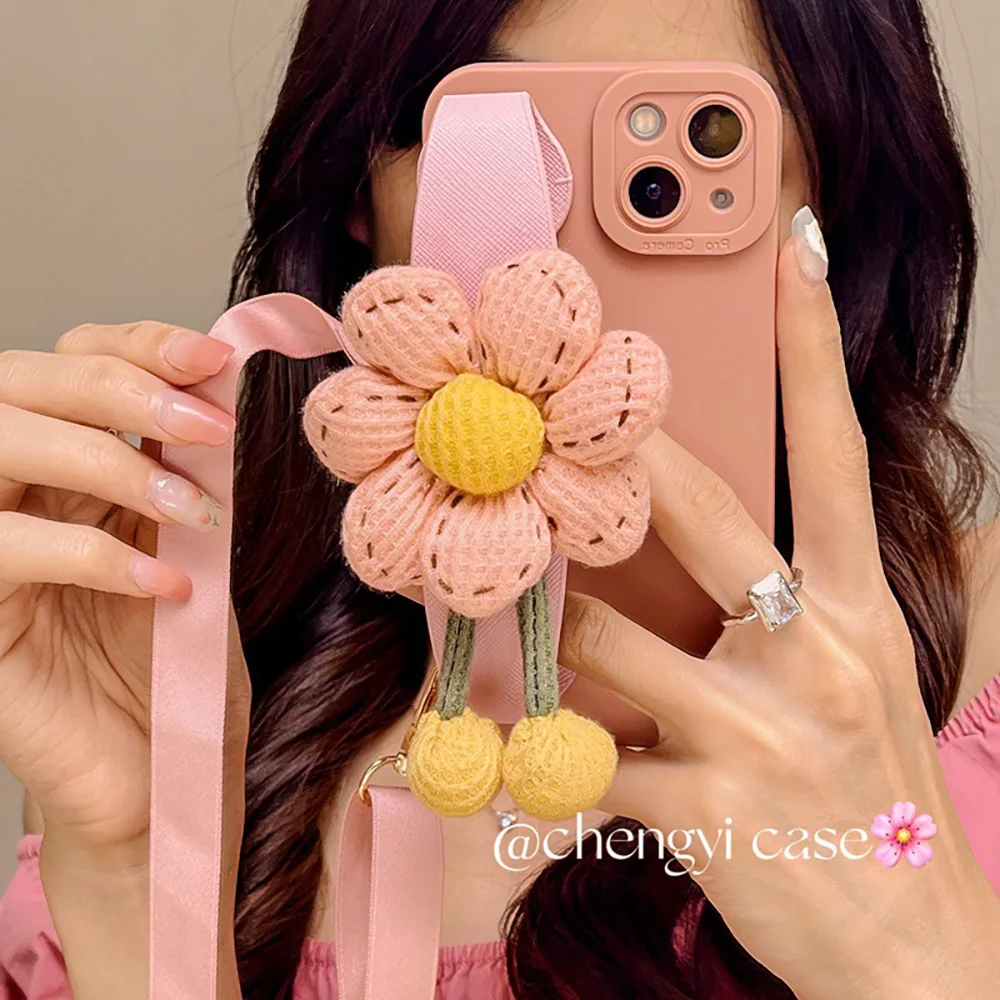 

Korean Girl Pumpkin Flower Wrist Strap Cross-body Phone Case For iPhone 14 Pro Max 13 12 11 Pro Max X XS XR Mobile Phone Cover