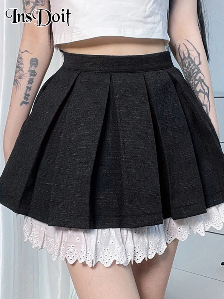 

InsDoit Gothic Clothes Black Pleated Skirt Women Streetwear Patchwork Sexy High Waist Skirt Punk Grunge Fashion Summer Skirts