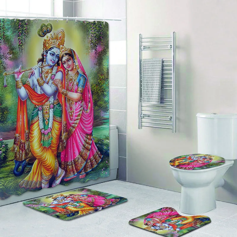 

Hindu Lord Radha and Krishna Art Poster Shower Curtain Set for Bathroom Religious Love Bath Mat Rug Carpet for Toilet Home Decor