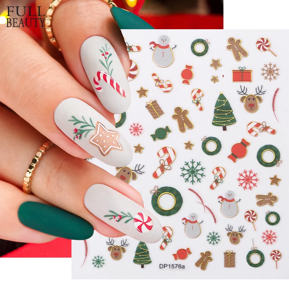 

New Year Flowers Cartoon Nail Art Stickers 3D Adhesive Sliders Gold Snowy Winter Christmas Nail Decals Manicure Decorations CHDP
