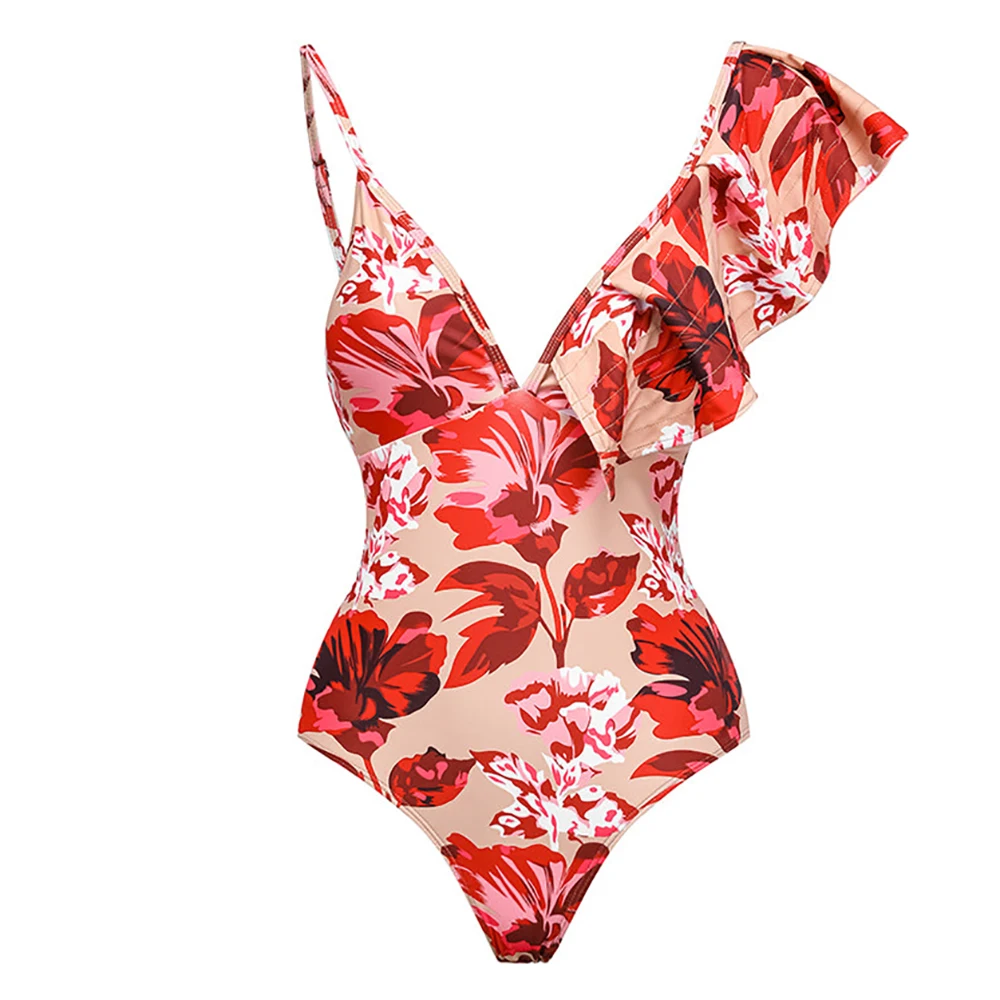 Red Print Sling Bikini Set and Cover Up High Waist One-Piece Swimsuit One-Shoulder Ruffle V-Neck Backless Sexy Beachwear Fashion