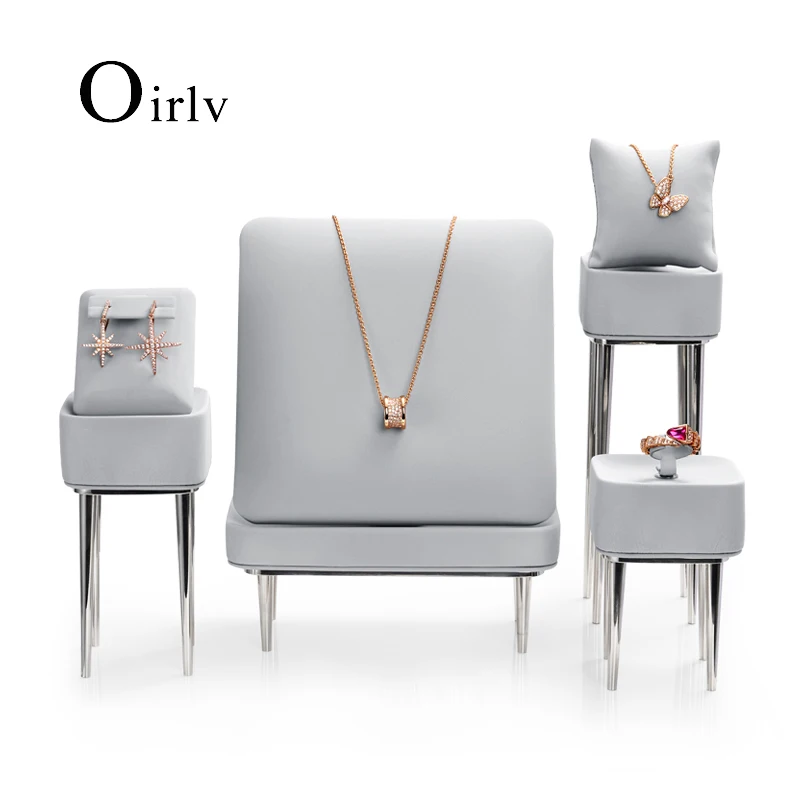 Oirlv Grey Metal Jewelry Display Stand for Ring Necklace Jewelry Storage Rack Shop Cabinet Exhibited Prop with PU Leather