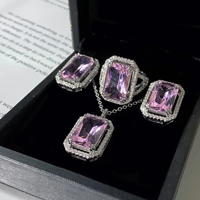 

HOYON Luxury pink rectangular gemstone AAA zircon jewelry set for women simulated pink tourmaline opening ring/necklace/earrings