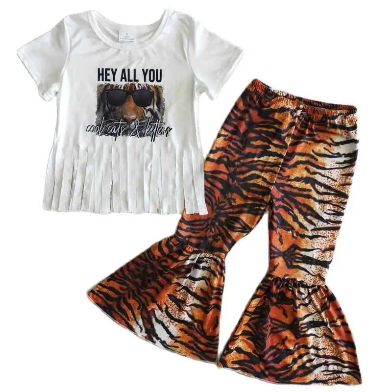 

Baby Girl Clothes Tiger Print White Short Sleeve T-shirt Top Tiger Pattern Bell Pants Street Style Kids Clothes Girls
