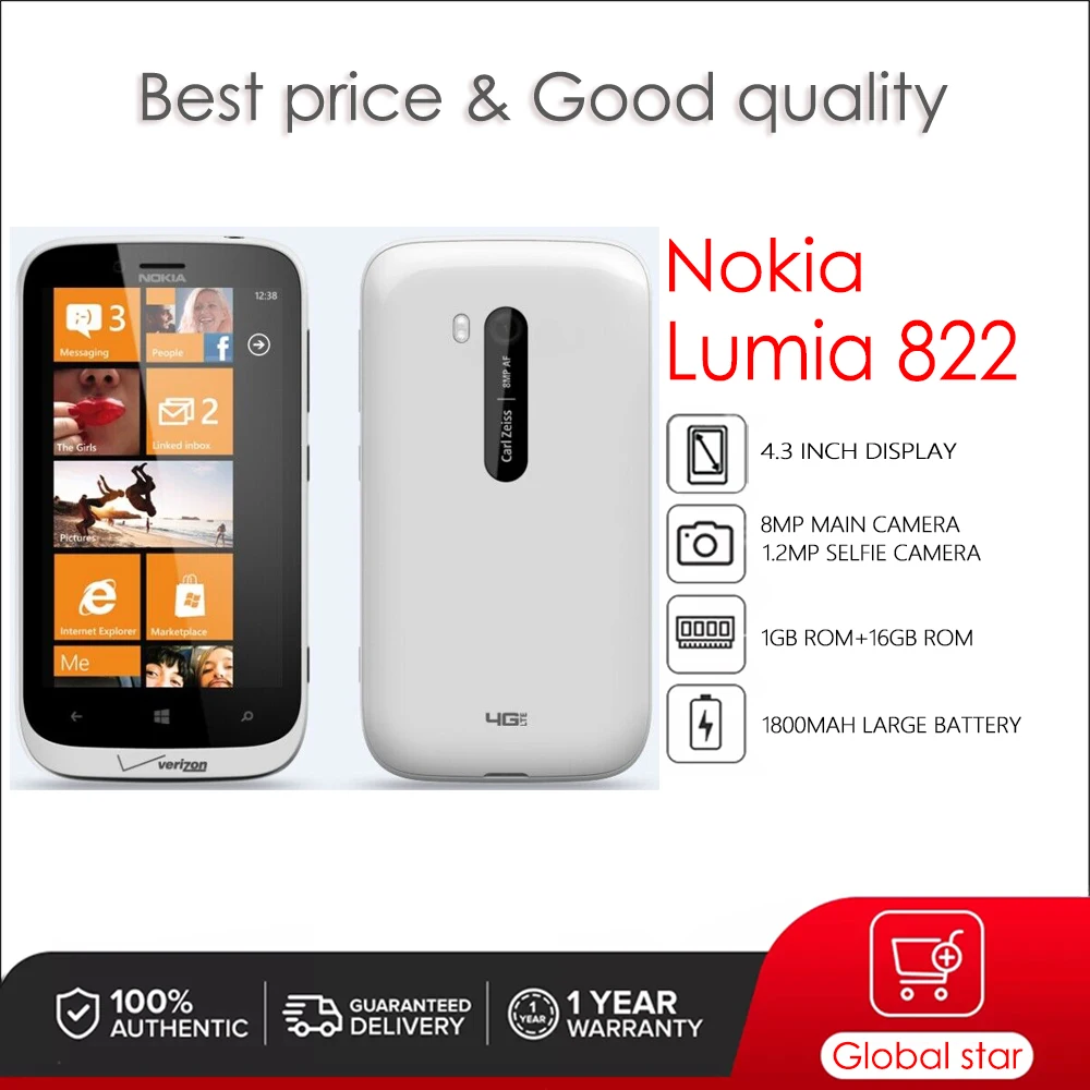 

Nokia Lumia 822 Original Unlocked Windows Mobile Phone 4.3 inches 1800mAh 8MP 1GB RAM 16GB ROM 3G High Quality Cellphone