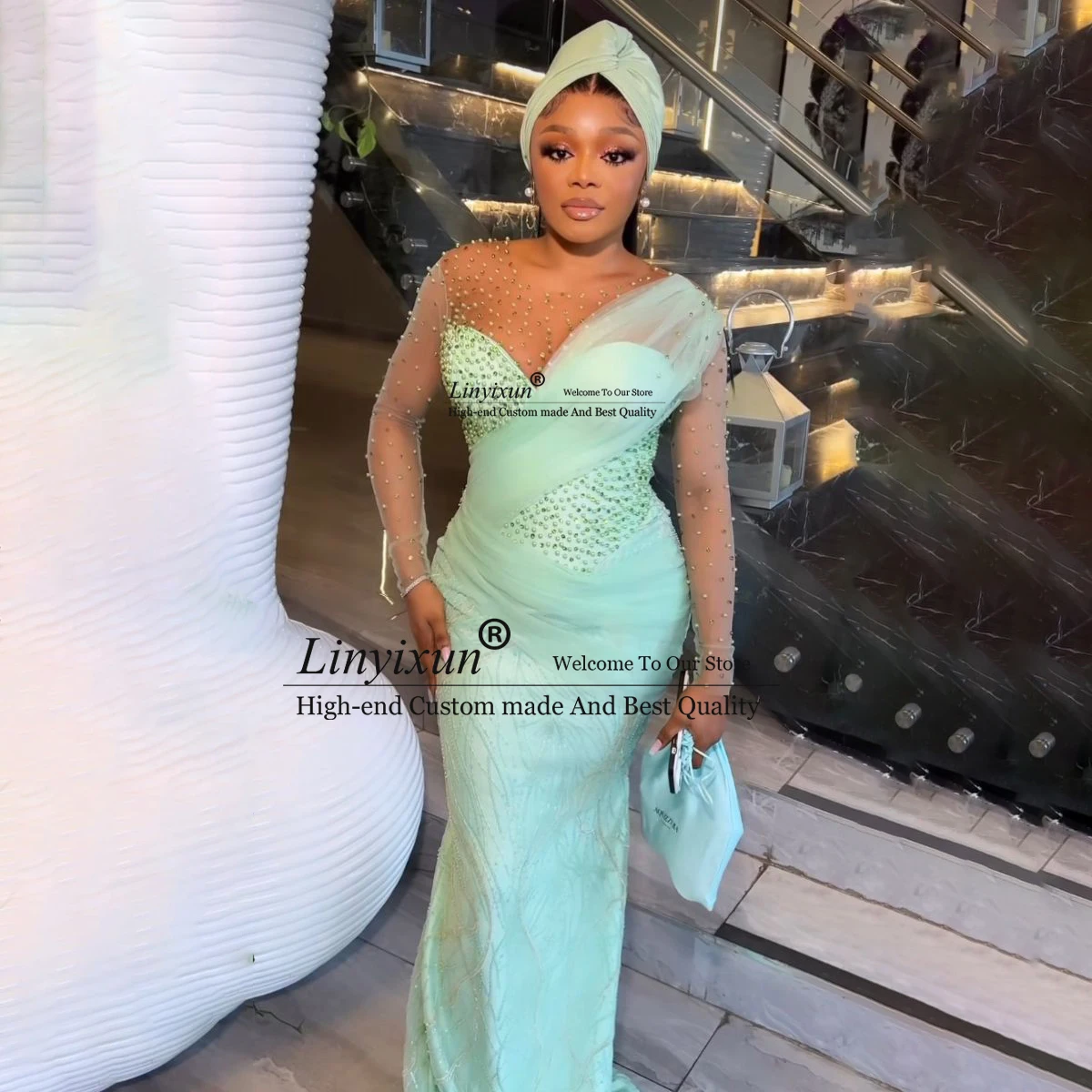 

Aso Ebi Sequined Beaded Evening Gowns Africa For Women 2023 O-Neck Long Sleeves Mermaid Prom Dress Sweep Train Robe De Soirée