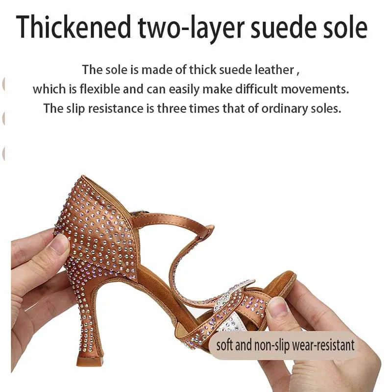Woman Rhinestone Latin Dance Shoes Women Brown Suede Leather T-strap Ballroom Pratice Shoes for Gilrs 3.75 Inch Flared Heels