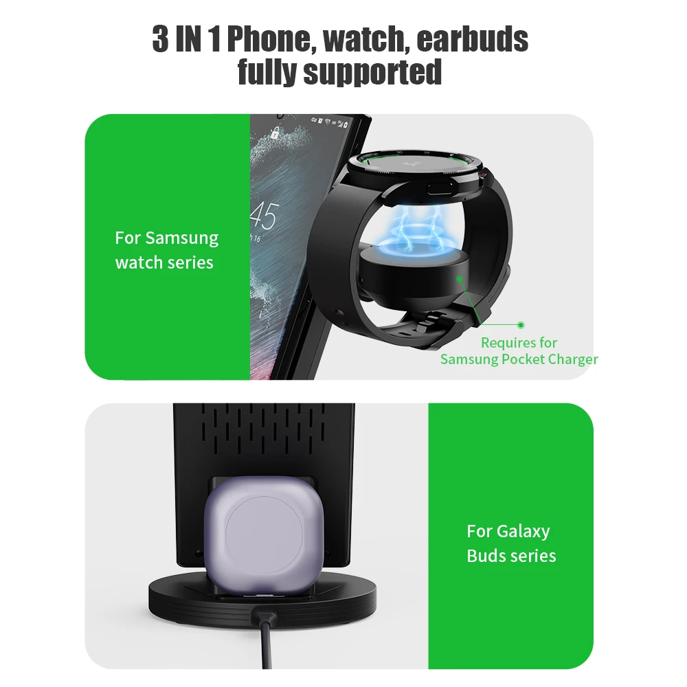 Cena Bezprzewodowa ładowarka 3 W 1 Do Samsung Galaxy Watch5 4 Classic Active2 USB Type-c ładowanie S22 Ultra Stacja Dokująca Akcesoria Do Stacji Dokującej