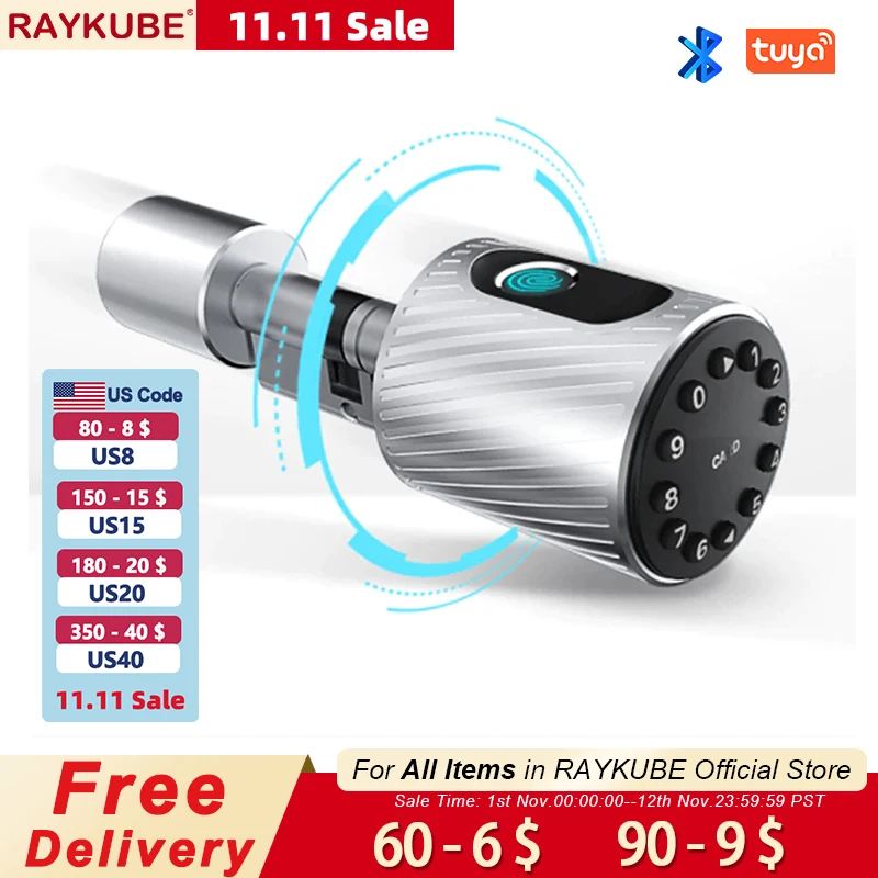 

Умный цилиндрический замок RAYKUBE C12 со сканером отпечатков пальцев, приложение Tuya, дистанционная разблокировка, цифровой биометрический с IC-...