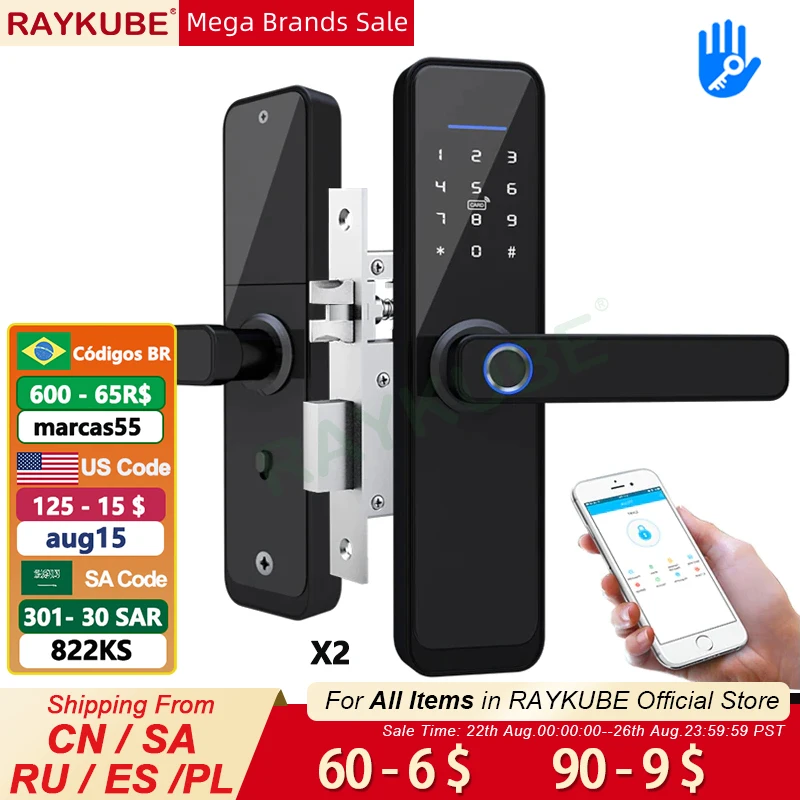 RAYKUBE Fingerprint Door Lock WiFi Bluetooth TT Lock APP Electronic Lock Digital 13.56mhz Card Tags Hotel Lock Dual Latch X2